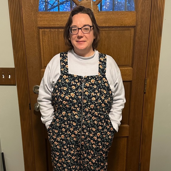 Floral Corduroy Wideleg Jumper with Pockets and Front Zipper, Dark Blue/Indigo - Picture 9 of 10